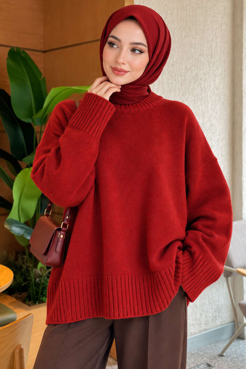 Wide-Sleeve Ribbed Knit Tunic - Burgundy