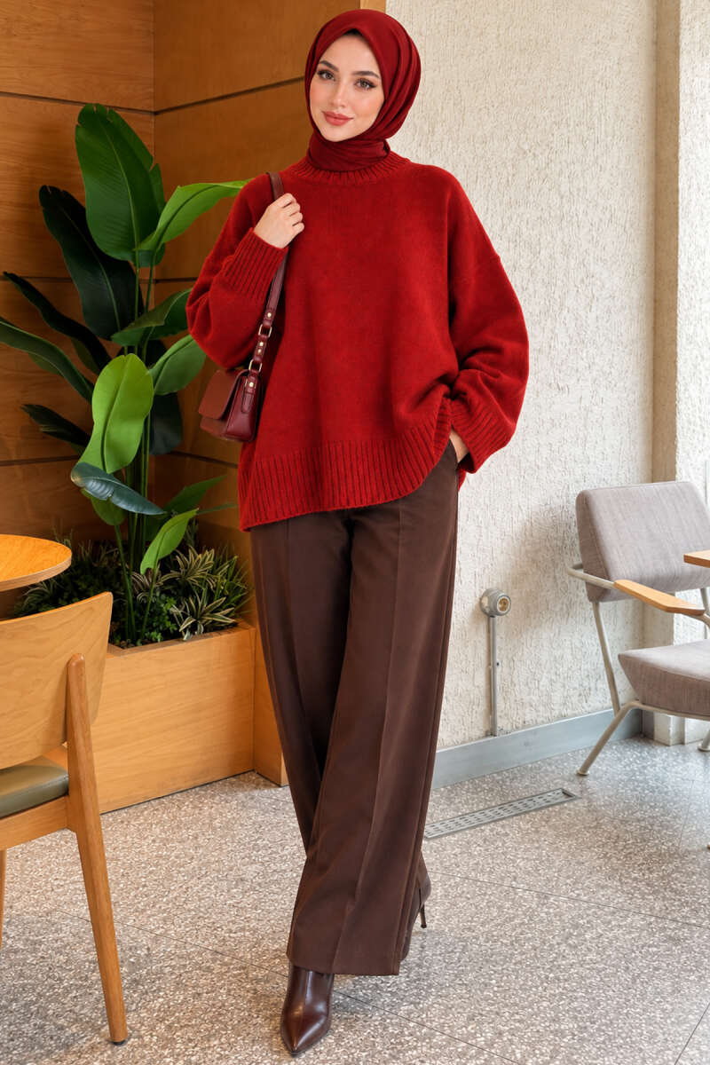 Wide-Sleeve Ribbed Knit Tunic - Burgundy