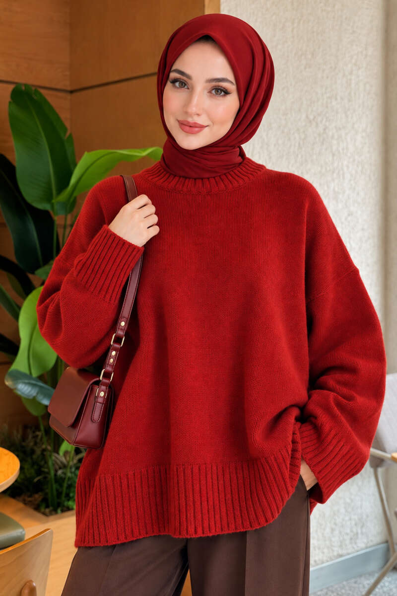 Wide-Sleeve Ribbed Knit Tunic - Burgundy