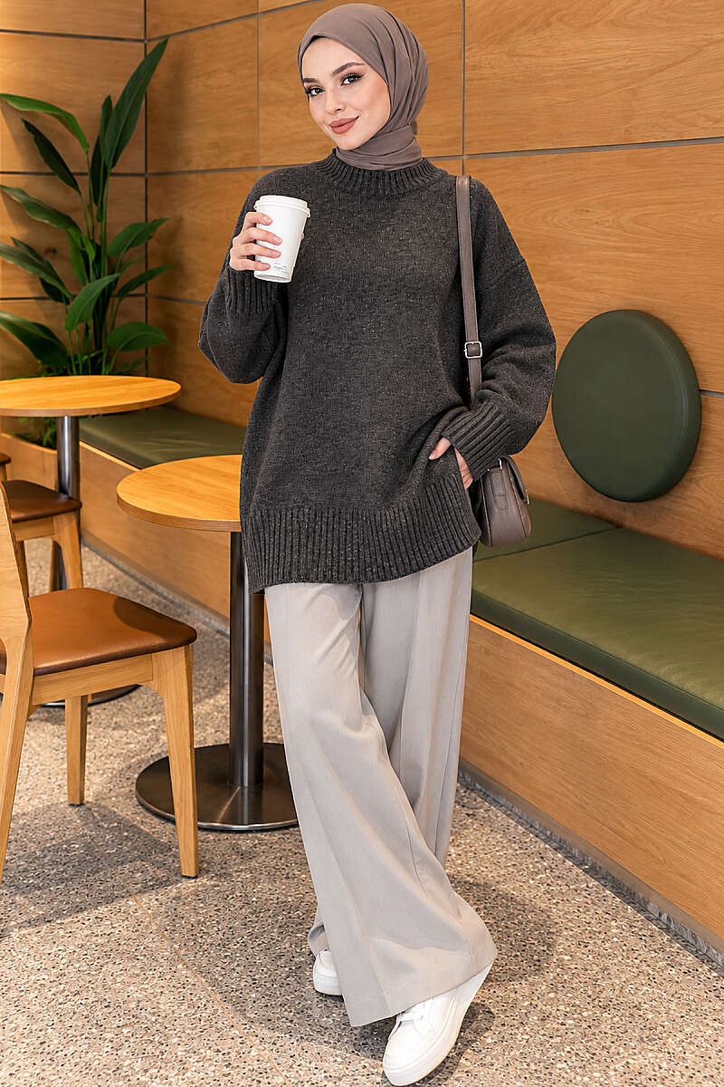 Wide-Sleeve Ribbed Knit Tunic - Smoke Grey