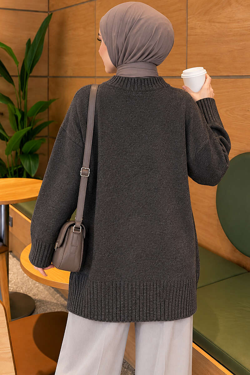 Wide-Sleeve Ribbed Knit Tunic - Smoke Grey