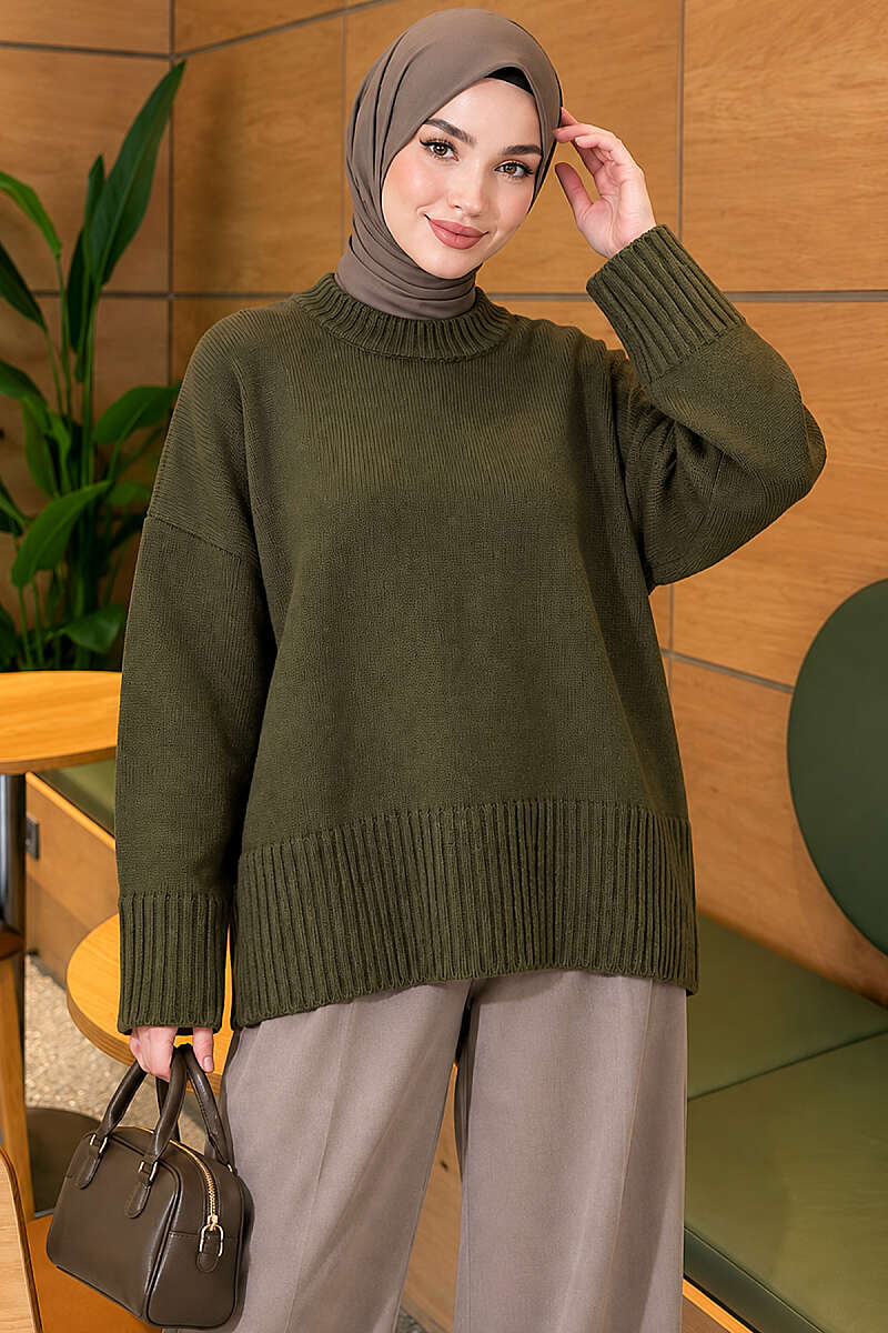 Wide-Sleeve Ribbed Knit Tunic - Khaki
