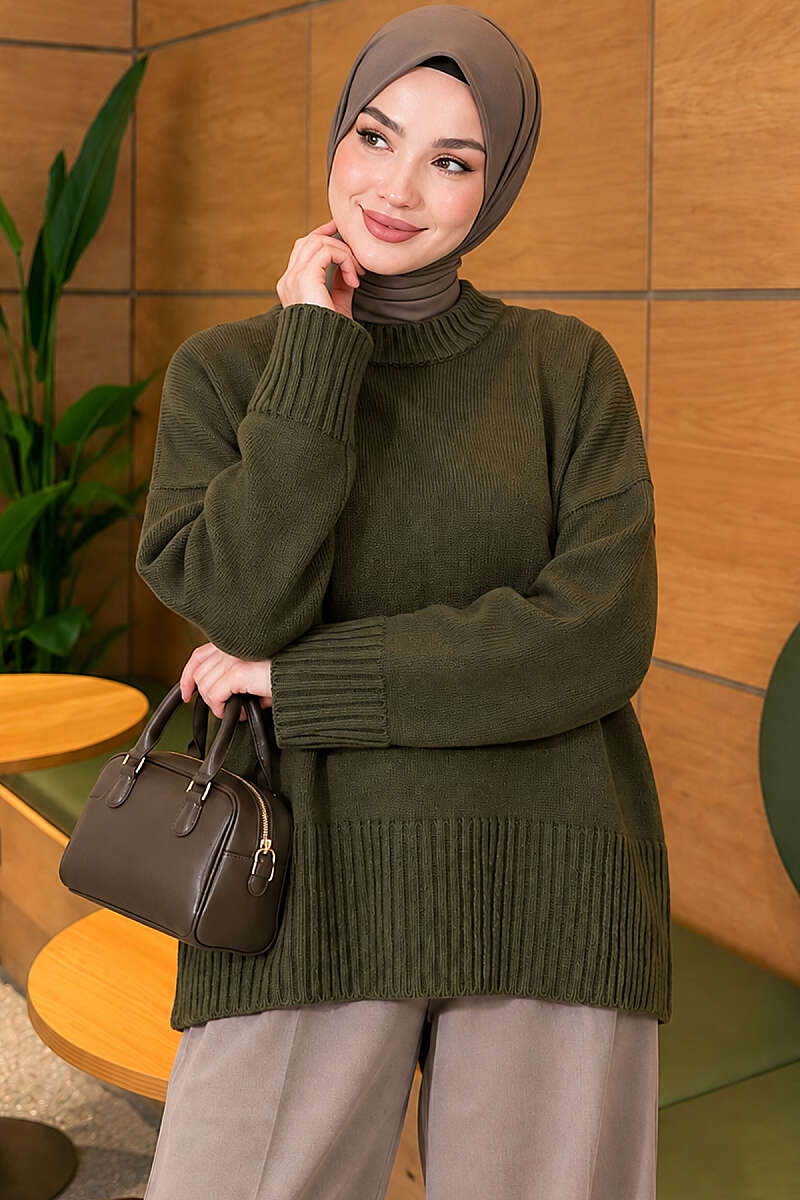 Wide-Sleeve Ribbed Knit Tunic - Khaki