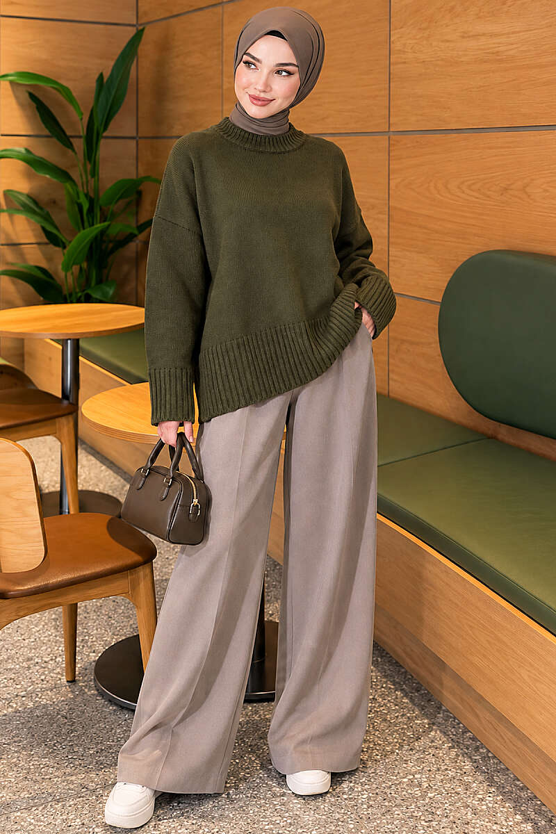 Wide-Sleeve Ribbed Knit Tunic - Khaki