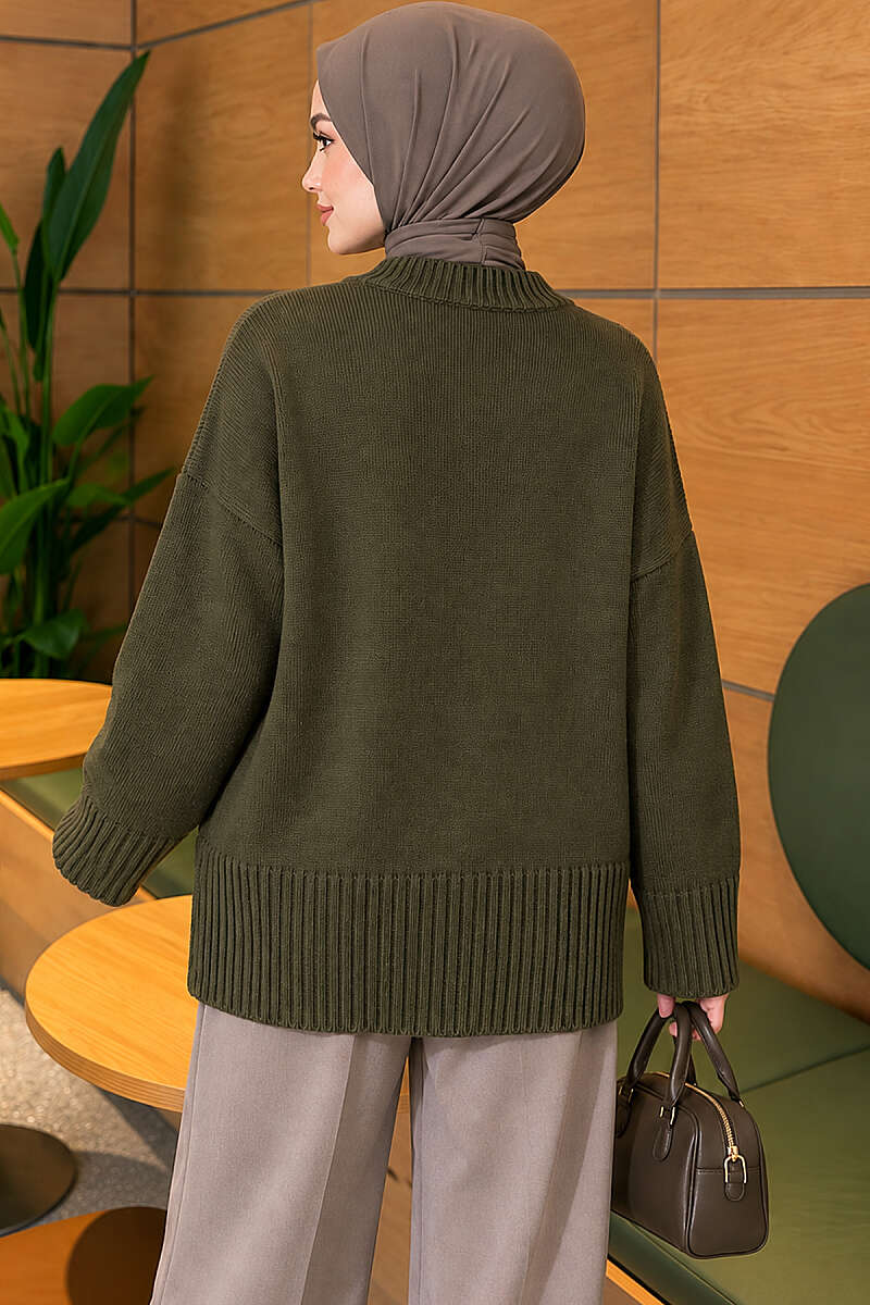 Wide-Sleeve Ribbed Knit Tunic - Khaki