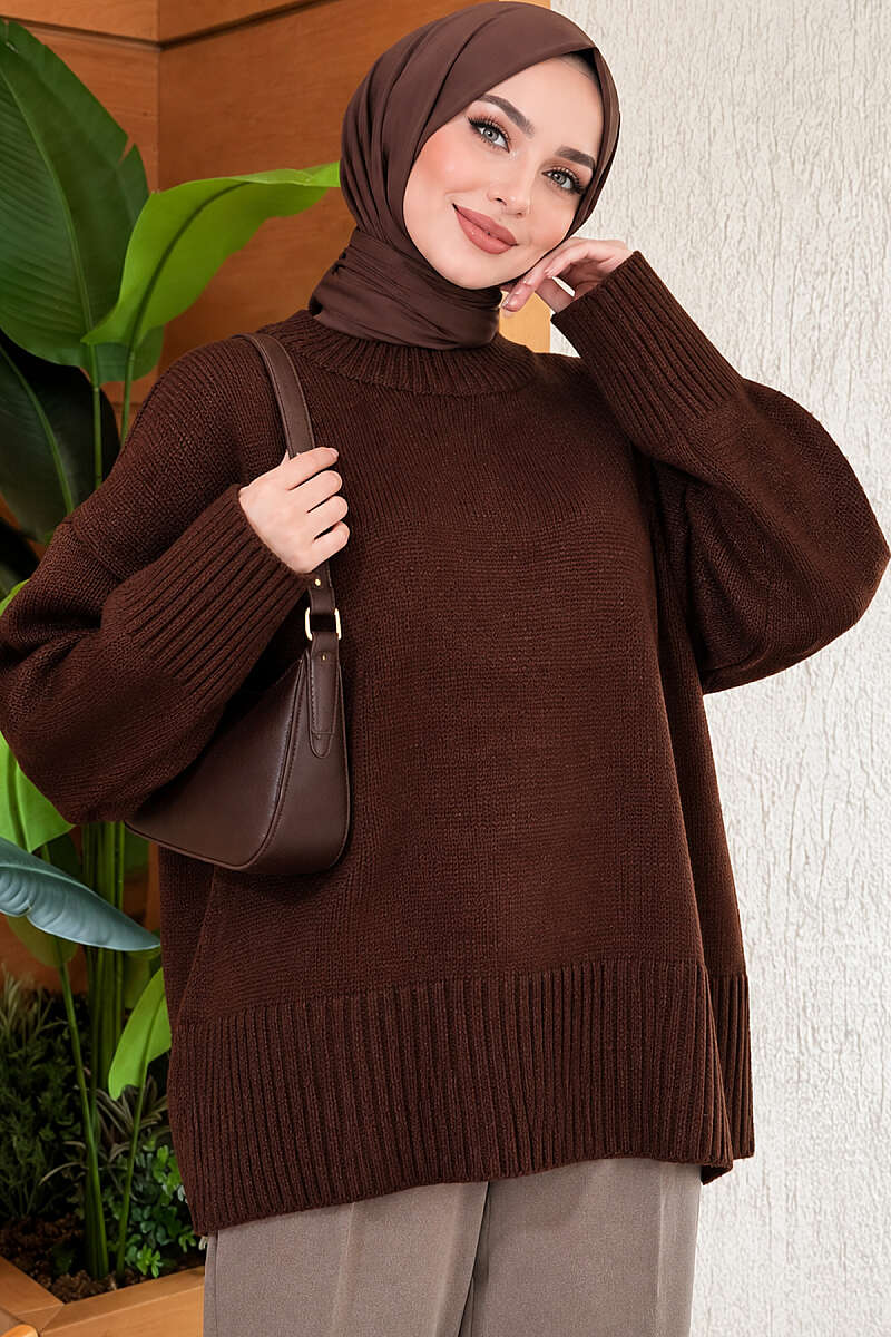 Wide-Sleeve Ribbed Knit Tunic - Brown