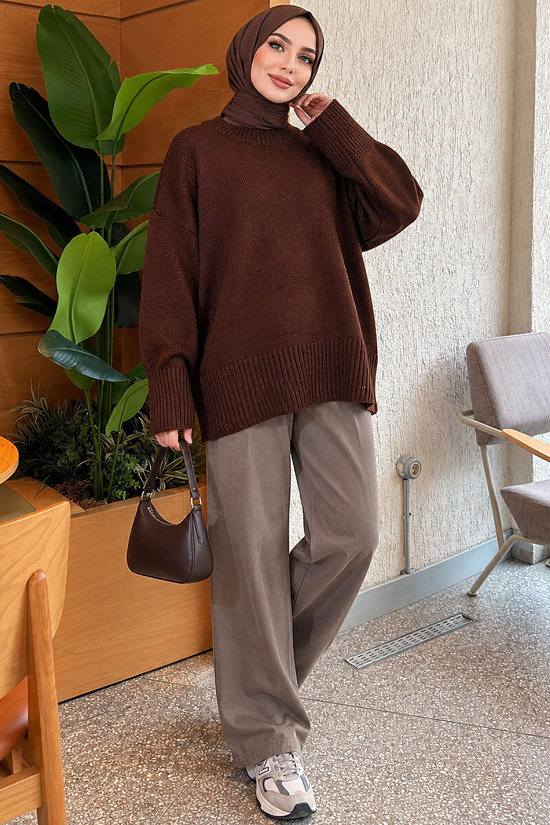 Wide-Sleeve Ribbed Knit Tunic - Brown