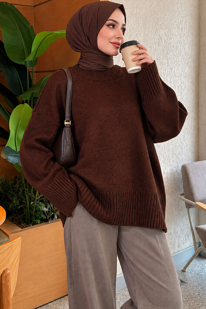 Wide-Sleeve Ribbed Knit Tunic - Brown