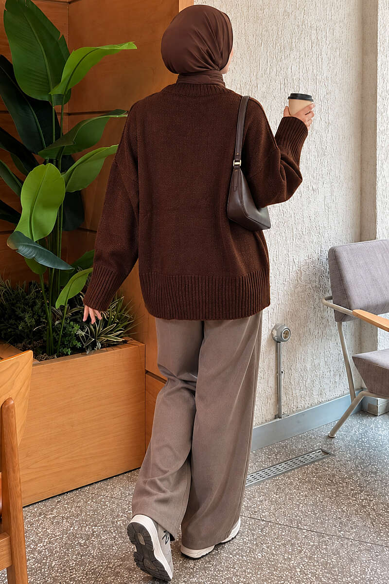 Wide-Sleeve Ribbed Knit Tunic - Brown
