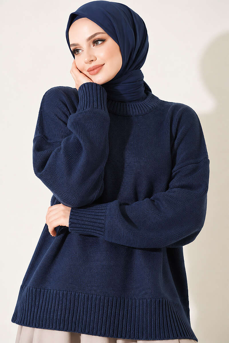 Wide-Sleeve Ribbed Knit Tunic - Navy