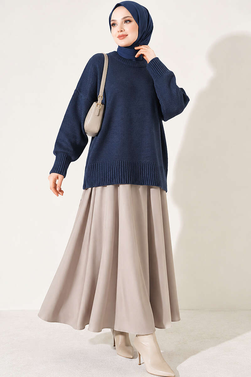 Wide-Sleeve Ribbed Knit Tunic - Navy