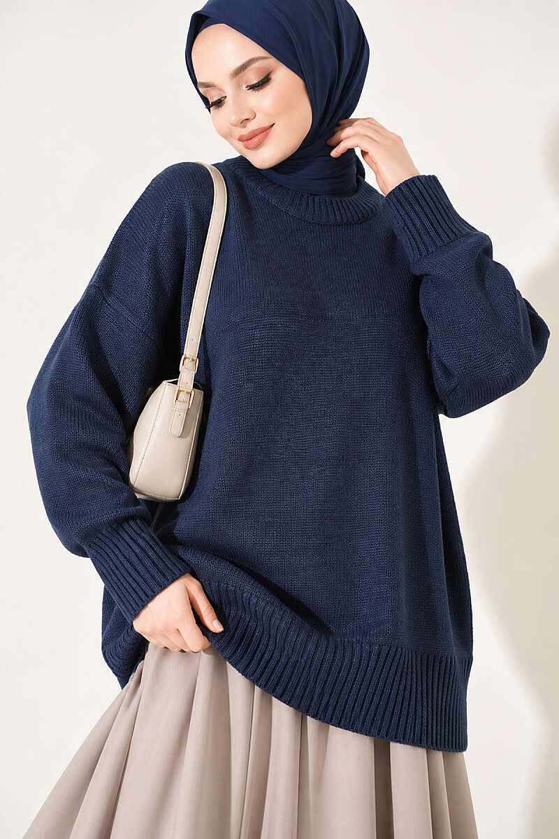 Wide-Sleeve Ribbed Knit Tunic - Navy