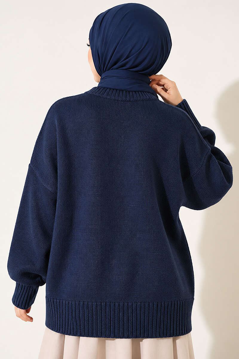 Wide-Sleeve Ribbed Knit Tunic - Navy