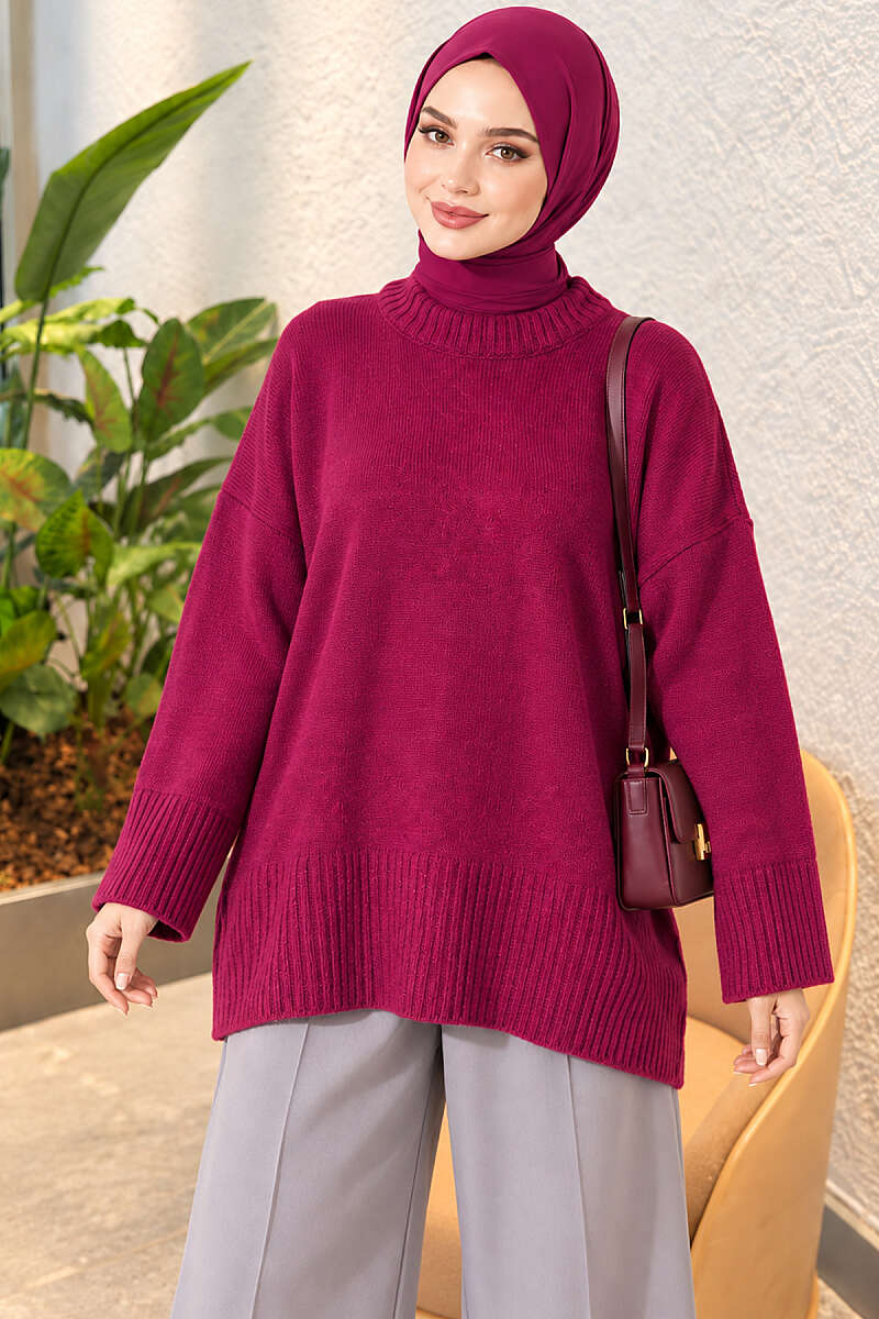 Wide-Sleeve Ribbed Knit Tunic - Magenta