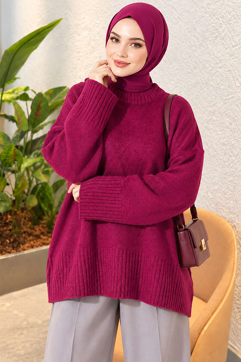 Wide-Sleeve Ribbed Knit Tunic - Magenta