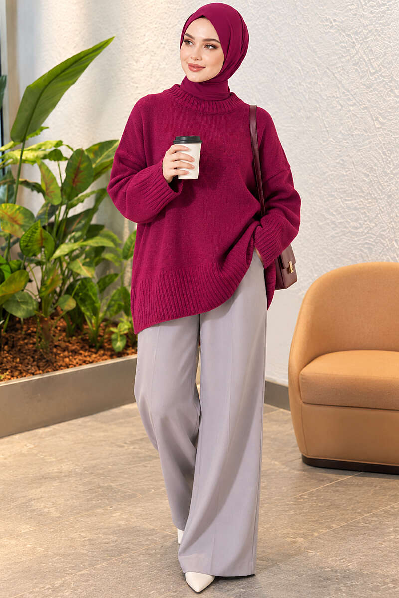 Wide-Sleeve Ribbed Knit Tunic - Magenta