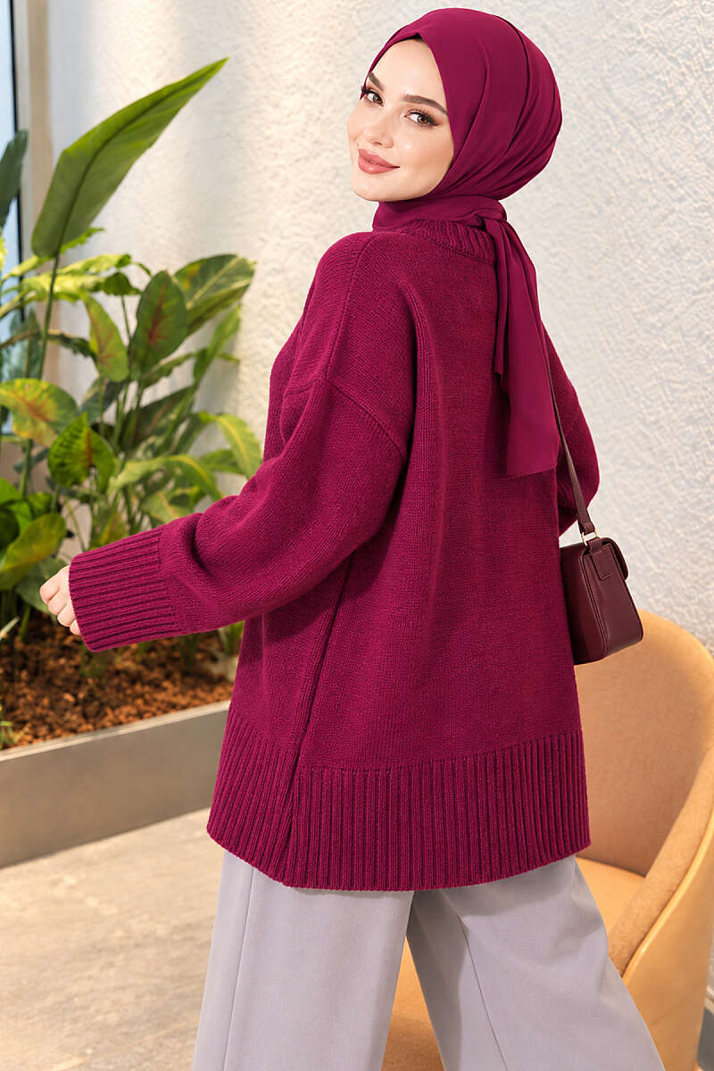 Wide-Sleeve Ribbed Knit Tunic - Magenta