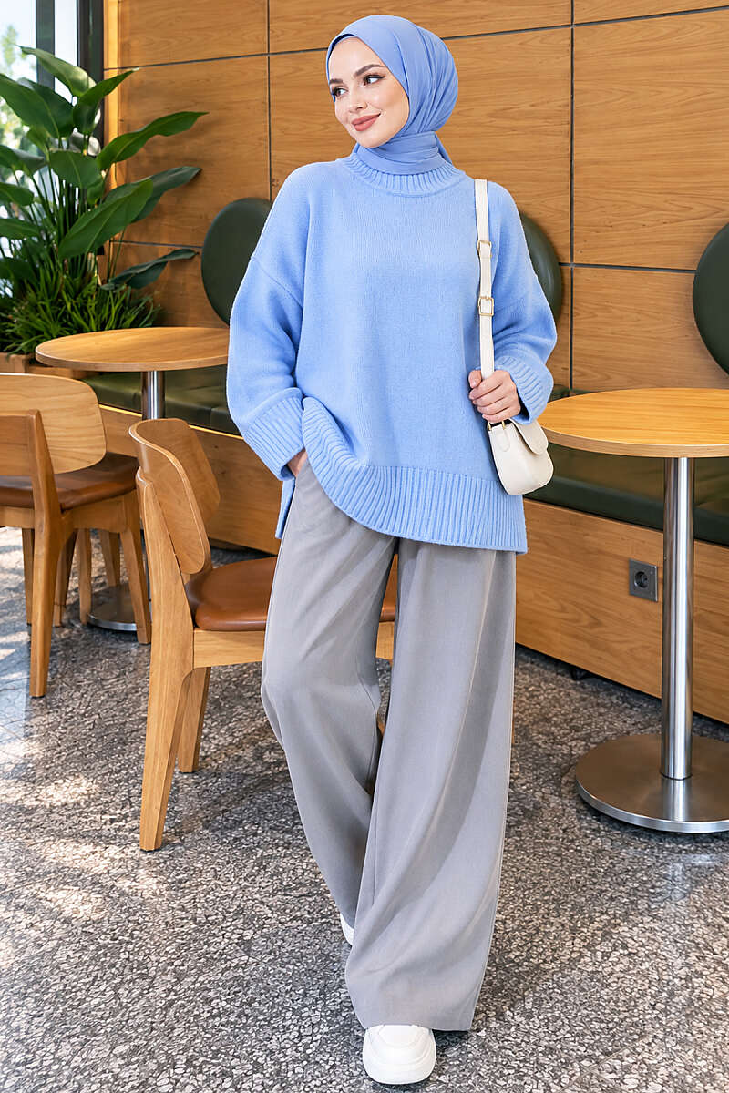 Wide-Sleeve Ribbed Knit Tunic - Blue