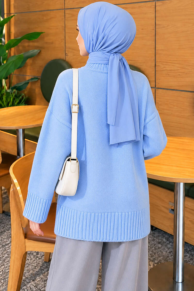 Wide-Sleeve Ribbed Knit Tunic - Blue