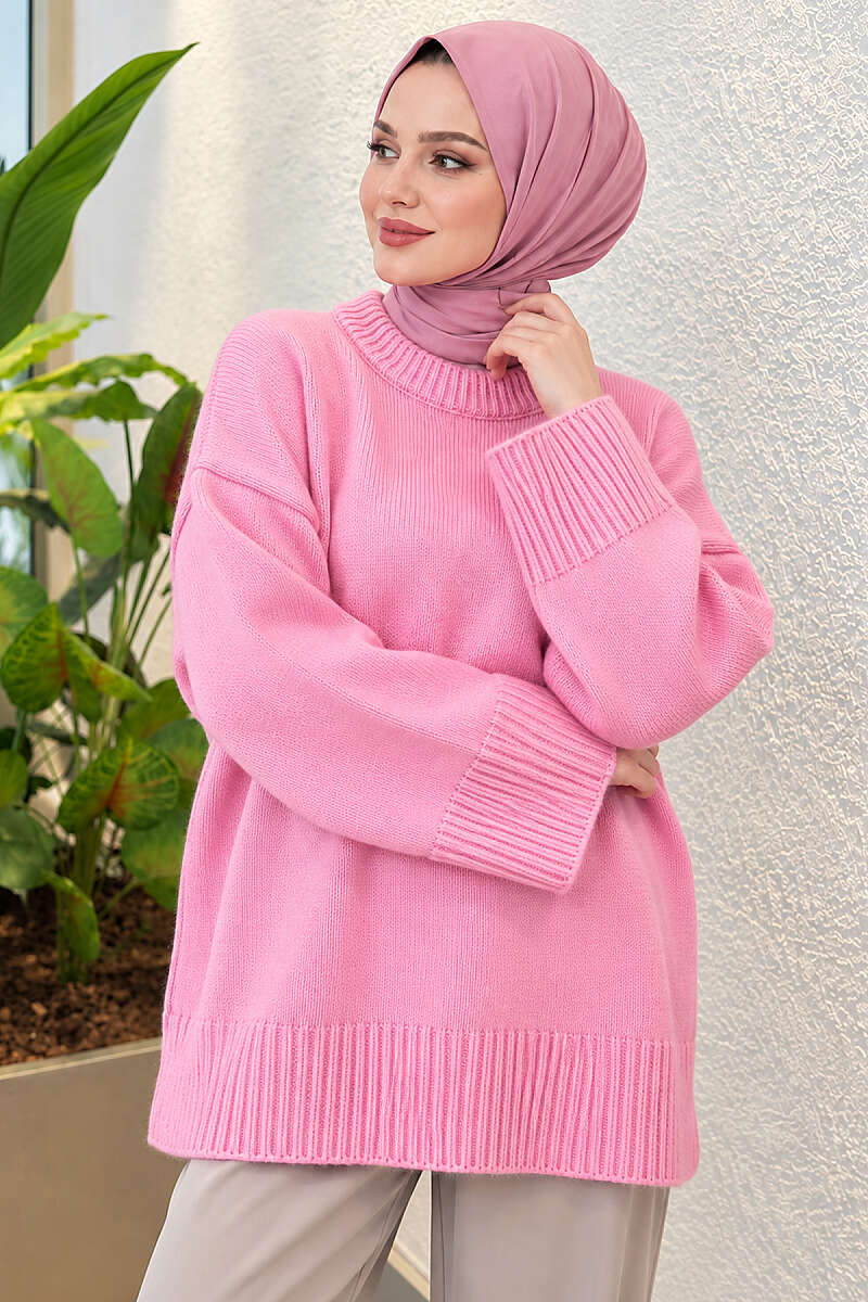 Wide-Sleeve Ribbed Knit Tunic - Pink