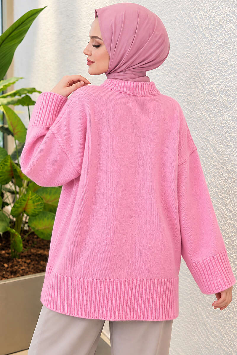 Wide-Sleeve Ribbed Knit Tunic - Pink