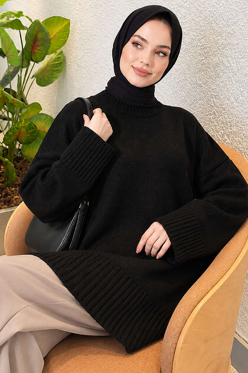Wide-Sleeve Ribbed Knit Tunic - Black