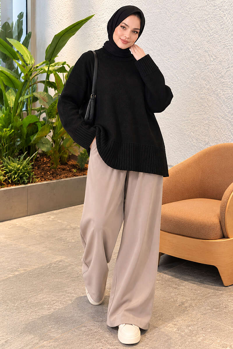 Wide-Sleeve Ribbed Knit Tunic - Black