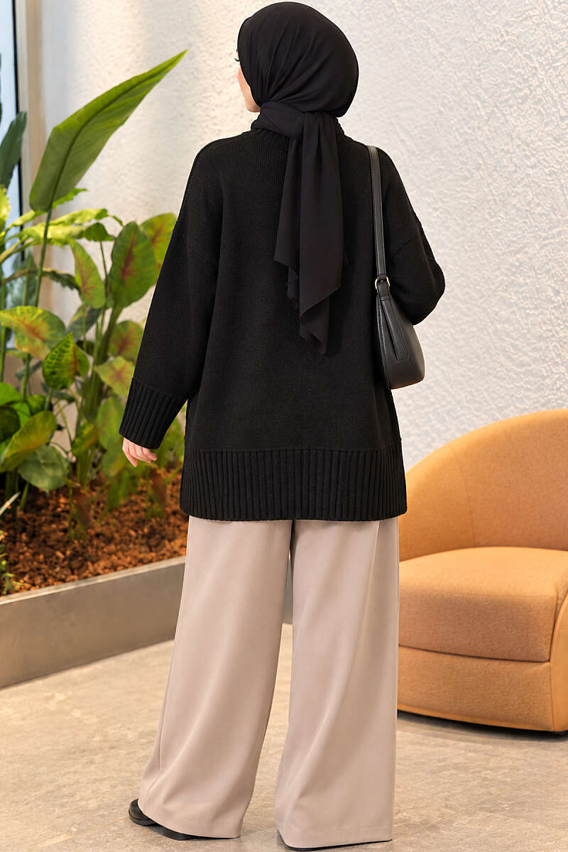 Wide-Sleeve Ribbed Knit Tunic - Black
