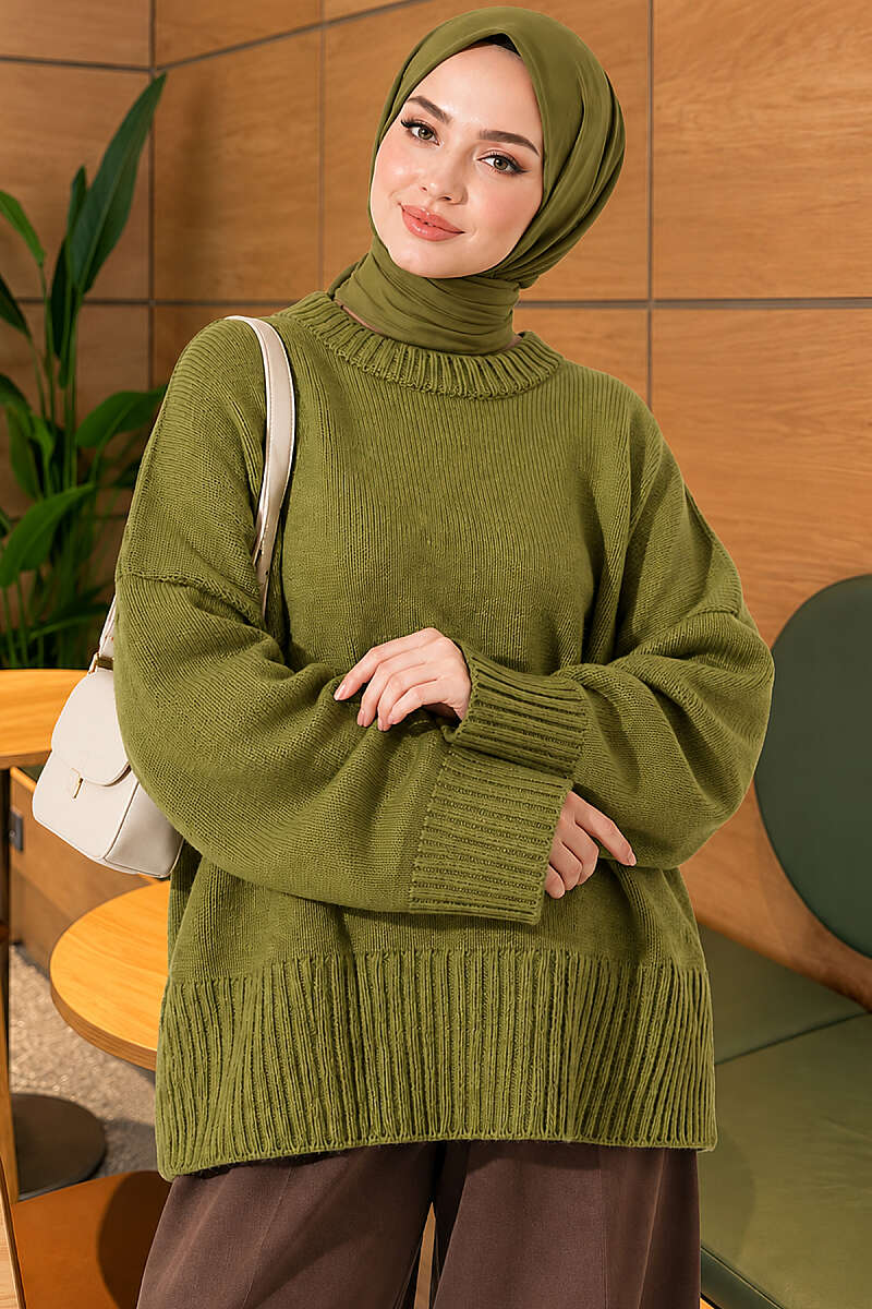 Wide-Sleeve Ribbed Knit Tunic - Green