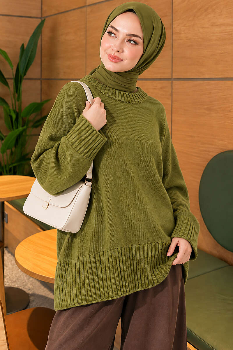 Wide-Sleeve Ribbed Knit Tunic - Green
