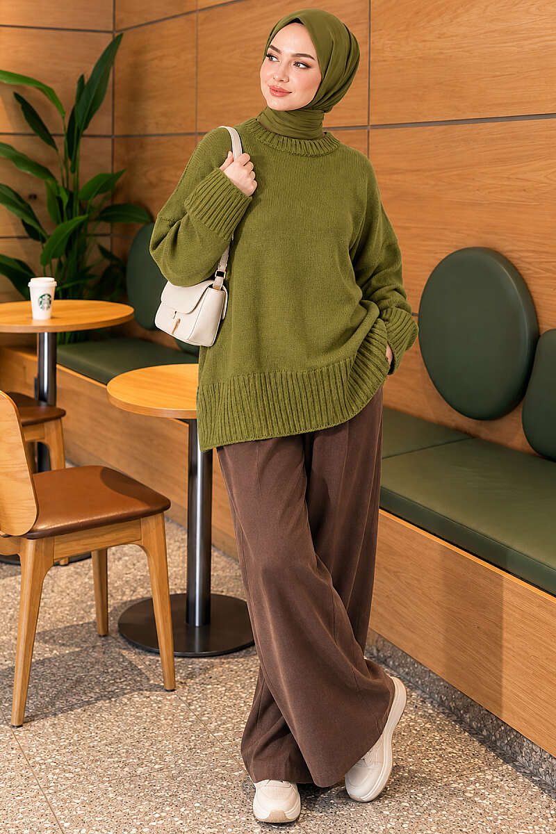 Wide-Sleeve Ribbed Knit Tunic - Green