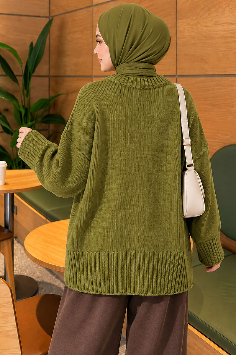 Wide-Sleeve Ribbed Knit Tunic - Green