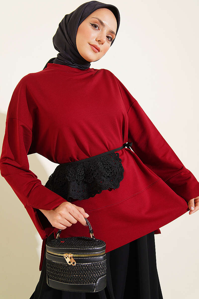 Wide-Sleeve Tunic with Slit Detail - Burgundy