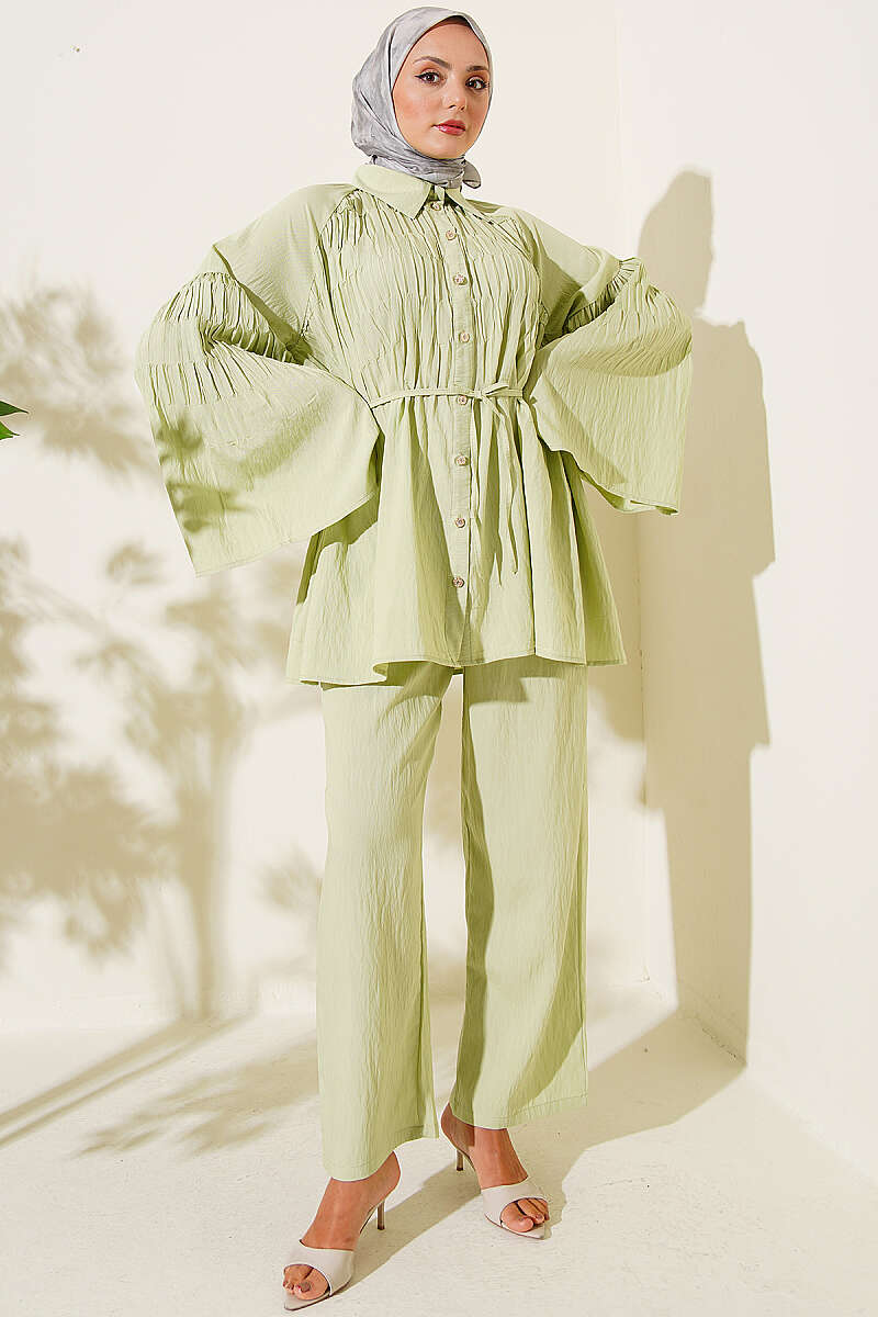 Wide-Sleeve Gathered Two-Piece Set - Almond Green