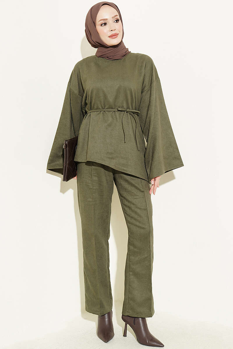 Wide-Sleeve Two-Piece Set with Cord Belt - Khaki