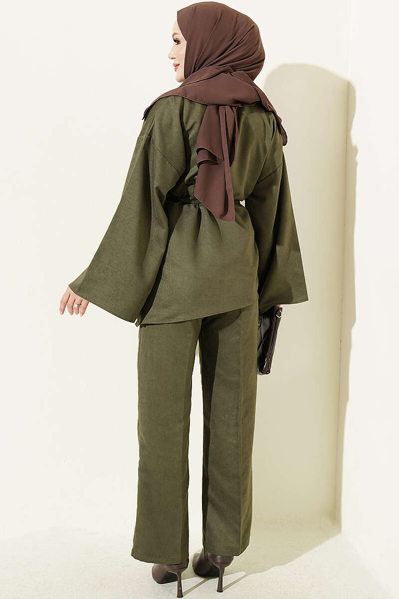 Wide-Sleeve Two-Piece Set with Cord Belt - Khaki
