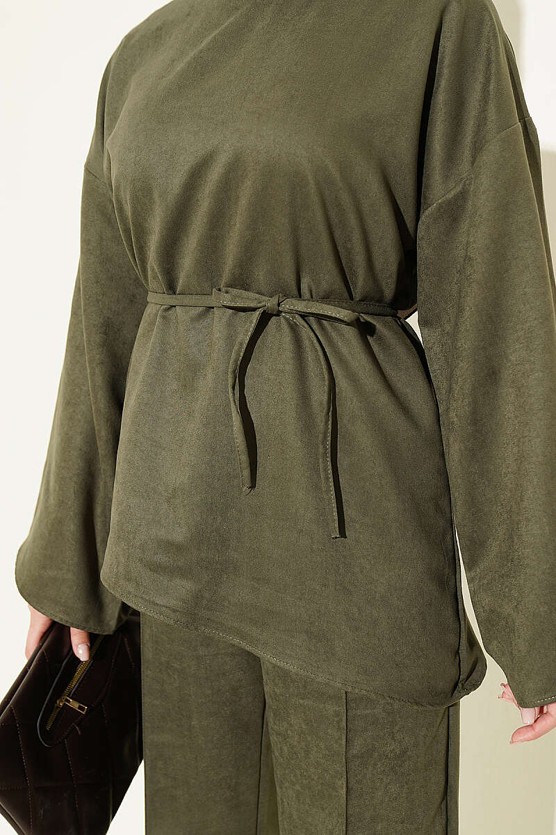 Wide-Sleeve Two-Piece Set with Cord Belt - Khaki