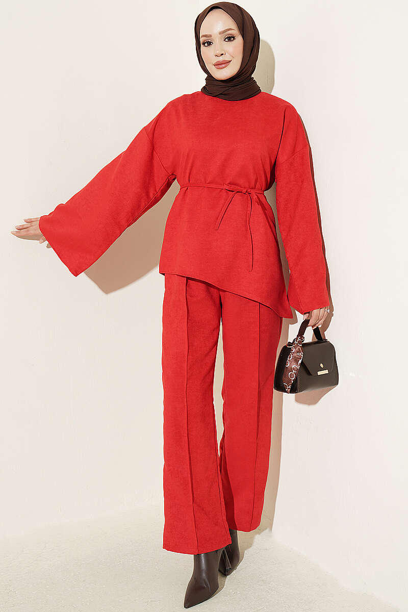 Wide-Sleeve Two-Piece Set with Cord Belt - Red