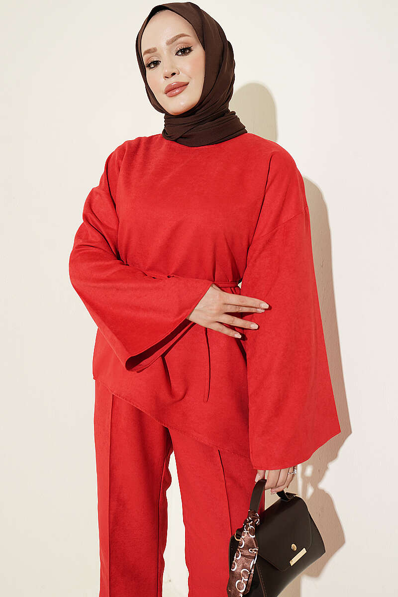 Wide-Sleeve Two-Piece Set with Cord Belt - Red