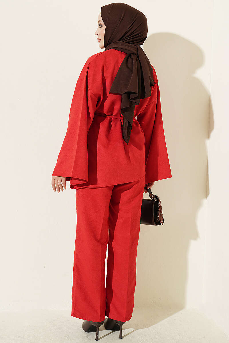 Wide-Sleeve Two-Piece Set with Cord Belt - Red