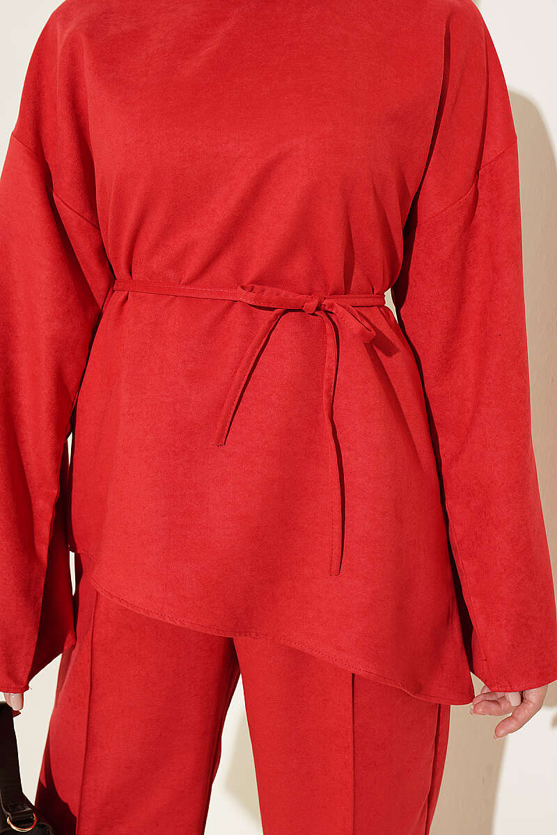 Wide-Sleeve Two-Piece Set with Cord Belt - Red