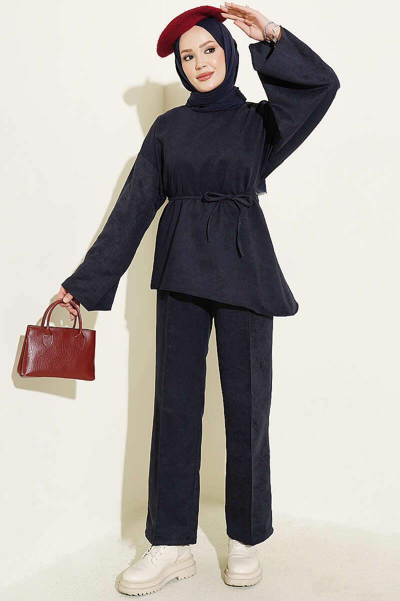 Wide-Sleeve Two-Piece Set with Cord Belt - Navy