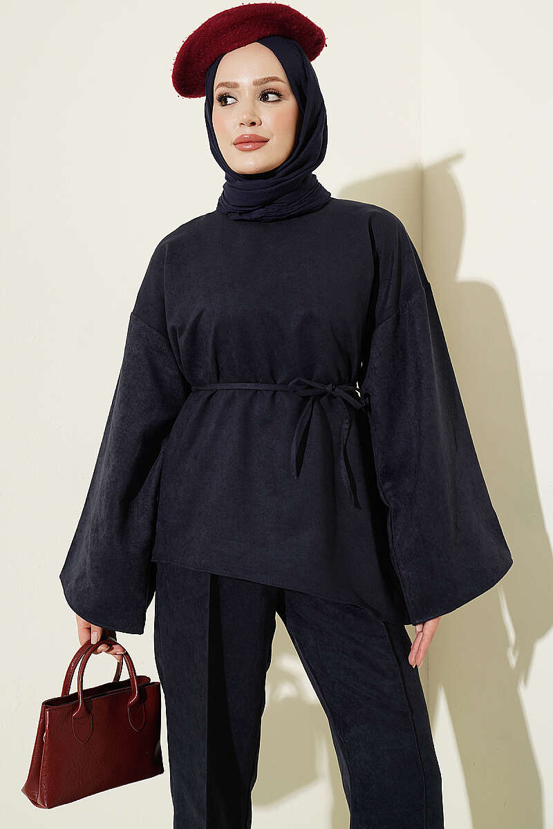 Wide-Sleeve Two-Piece Set with Cord Belt - Navy