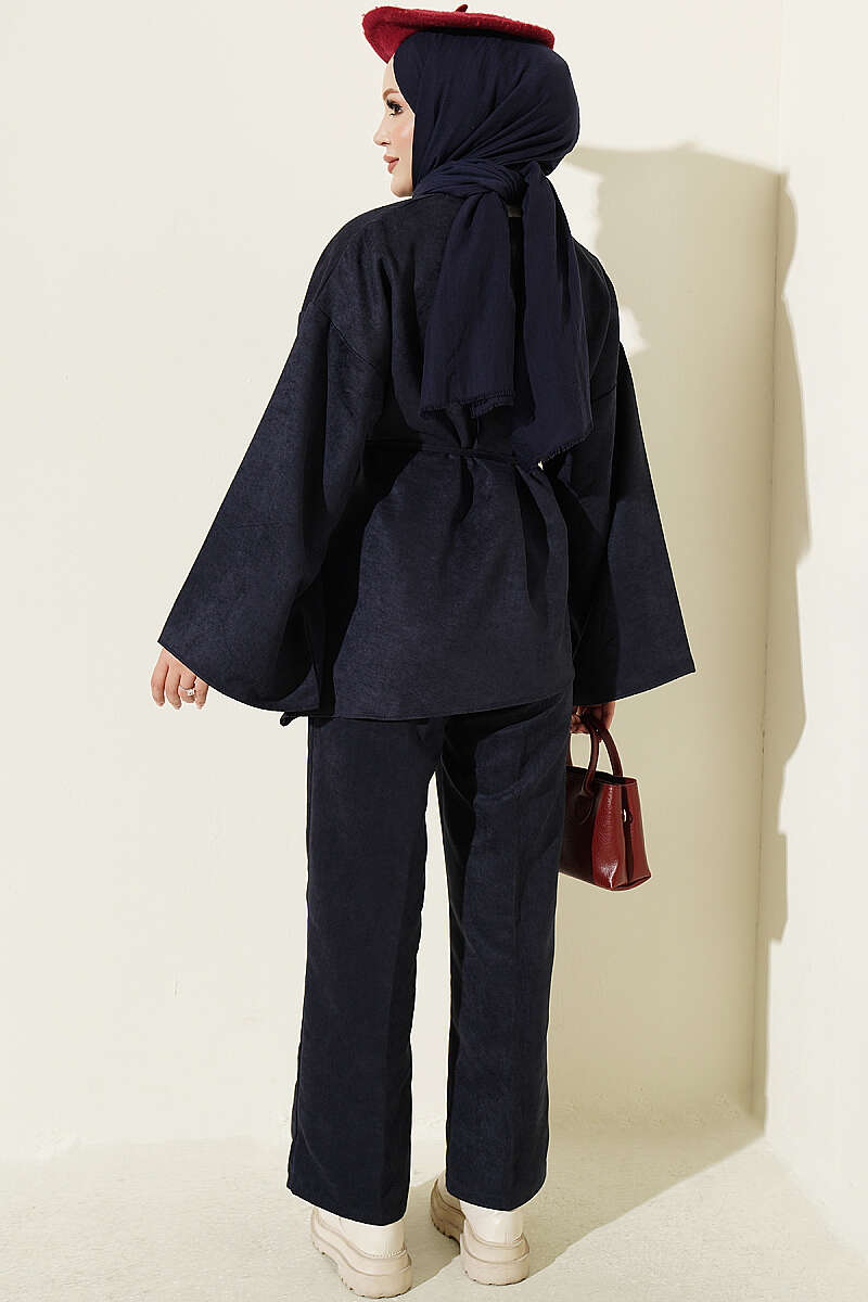 Wide-Sleeve Two-Piece Set with Cord Belt - Navy