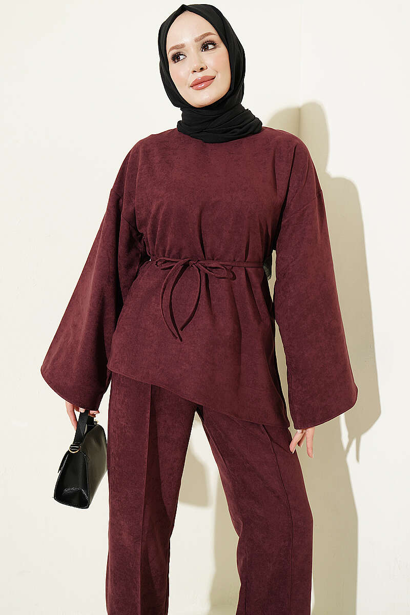 Wide-Sleeve Two-Piece Set with Cord Belt - Plum