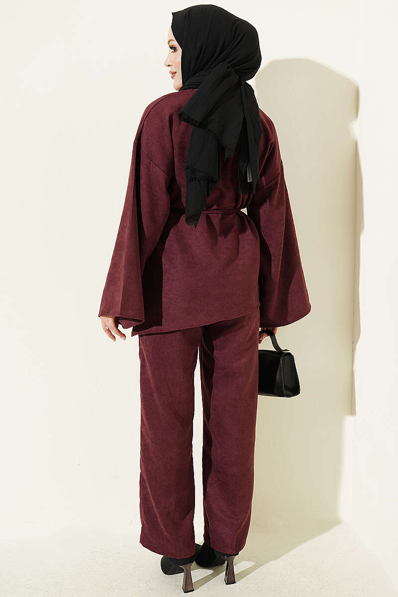 Wide-Sleeve Two-Piece Set with Cord Belt - Plum