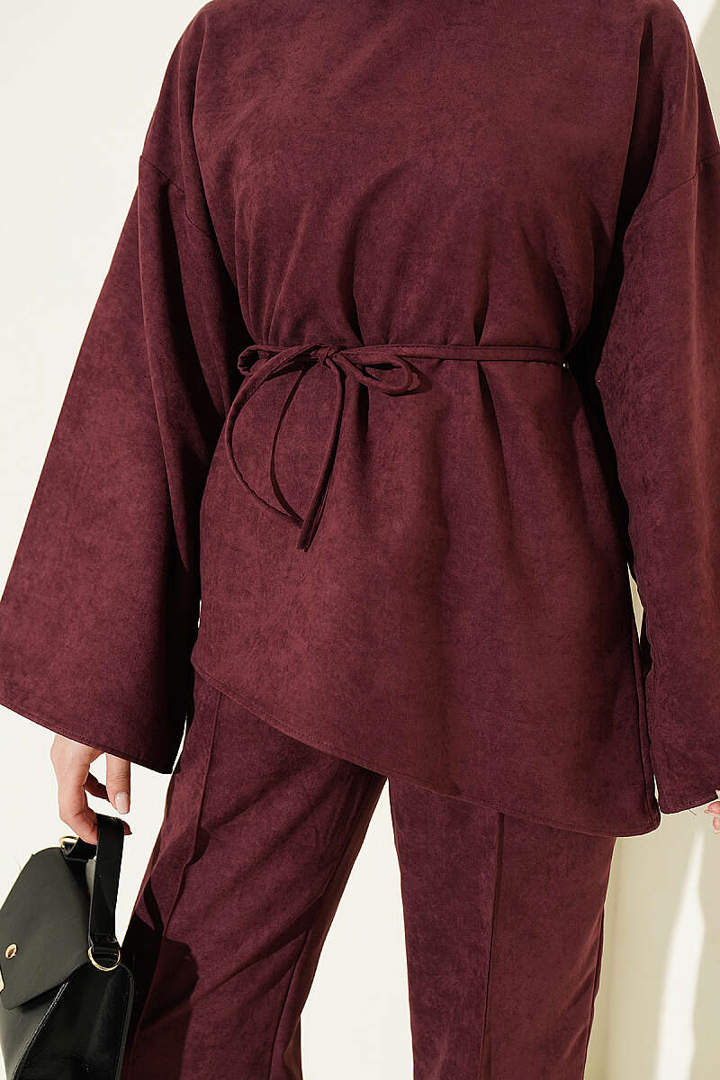 Wide-Sleeve Two-Piece Set with Cord Belt - Plum