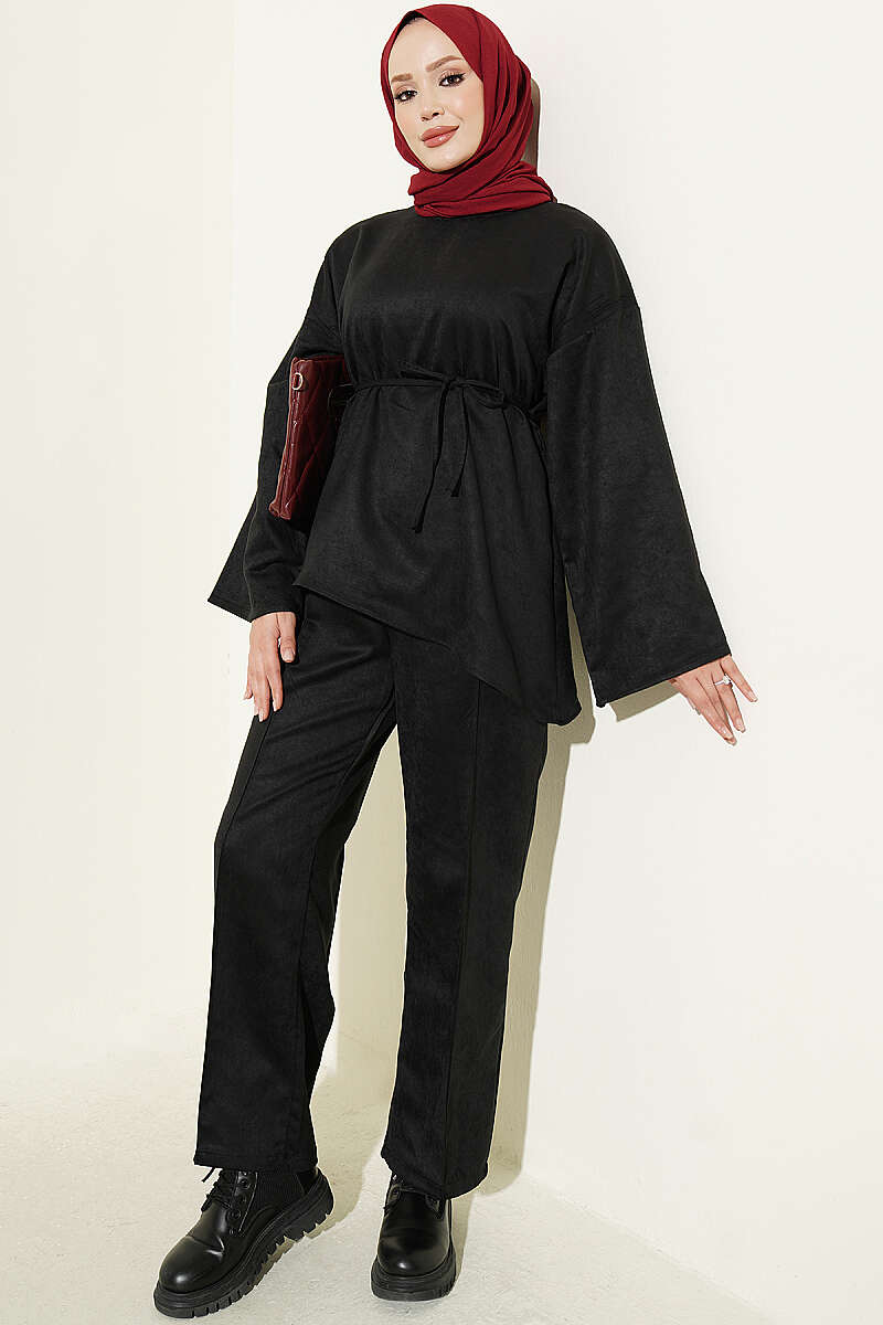 Wide-Sleeve Two-Piece Set with Cord Belt - Black