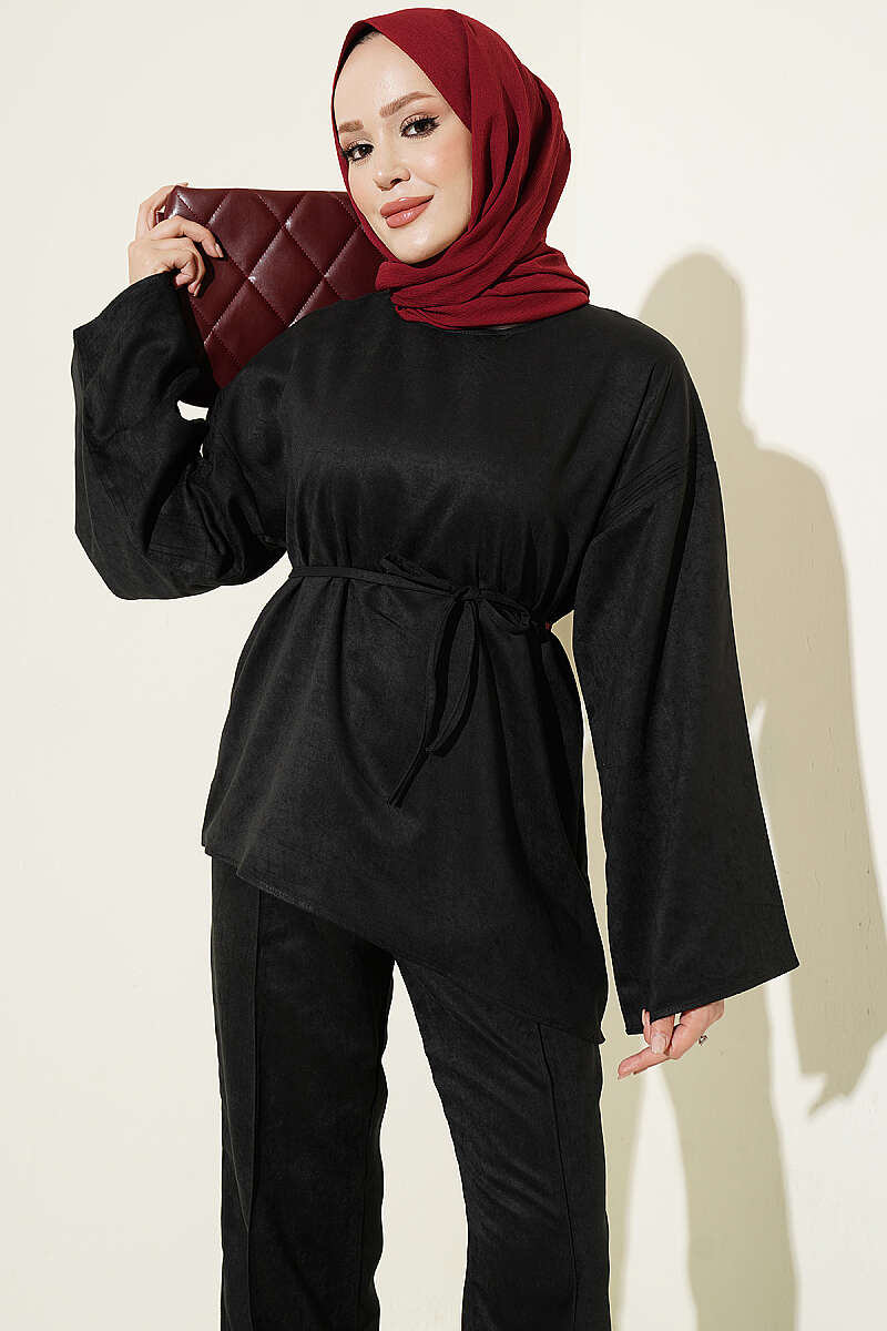 Wide-Sleeve Two-Piece Set with Cord Belt - Black