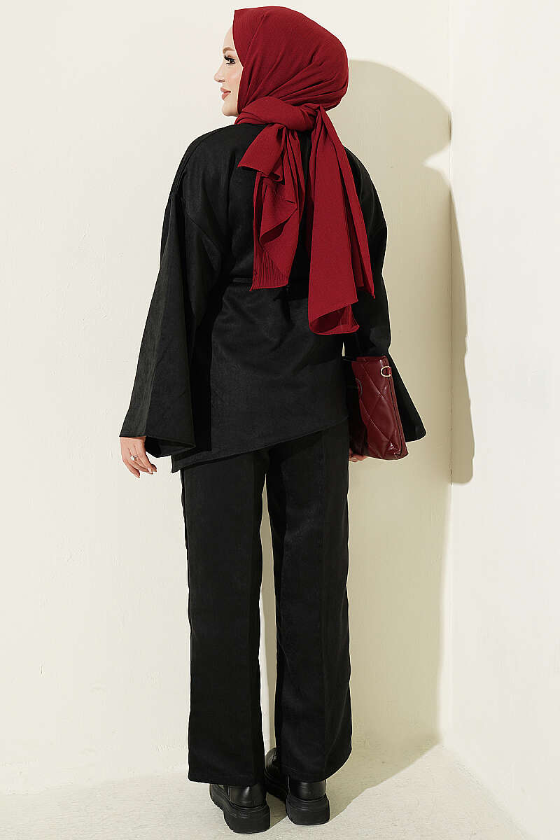 Wide-Sleeve Two-Piece Set with Cord Belt - Black
